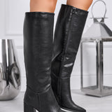 Valeria - Botas Altas Negras de Piel Sintética Martillada con Tacón Cómodo