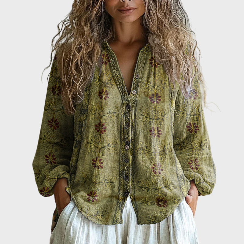 Ámbar - Blusa Vintage con Estampado de Hojas
